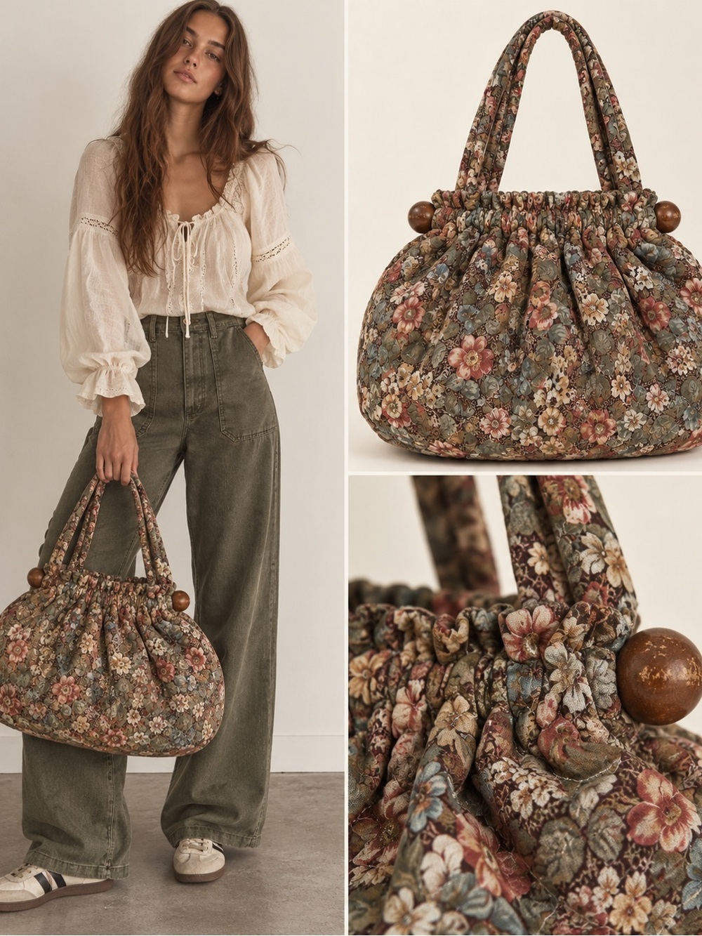 Vintage Floral Quilted Carpet Bag Wood Bead Boho Grannycore Handbag